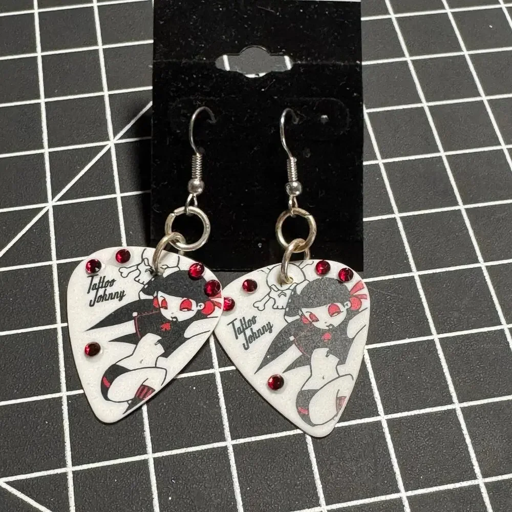 Johnny Tattoo Guitar Pick Pinup Dangle Earrings Rhinestones Rockabilly Punk 2”